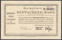 Banknoten - Deutsches Notgeld und KGL - Esslingen (Württemberg)
Maschinenfabrik, 1000 Mark 2.10.1922. Reihe A. I- bis II+ Müller E. 1485.2.