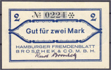 Banknoten - Deutsches Notgeld und KGL - Hamburg (Hamburg)
Hamburger Fremdenblatt Broschek & Co. m.b.H., 2 Mark o.D. Mit Unterschriftsstempel. I- Lind...