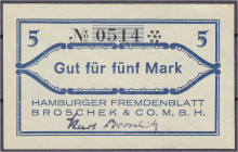Banknoten - Deutsches Notgeld und KGL - Hamburg (Hamburg)
Hamburger Fremdenblatt Broschek & Co. m.b.H., 5 Mark o.D. Mit Unterschriftsstempel. II+ Lin...