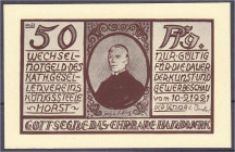 Banknoten - Deutsches Notgeld und KGL - Königssteele-Horst (Westfalen)
Kathol.-Gesellenverein. 50 Pfg. Kunst und Gewerbeschau 10.-21.9.1921. I- Lindm...