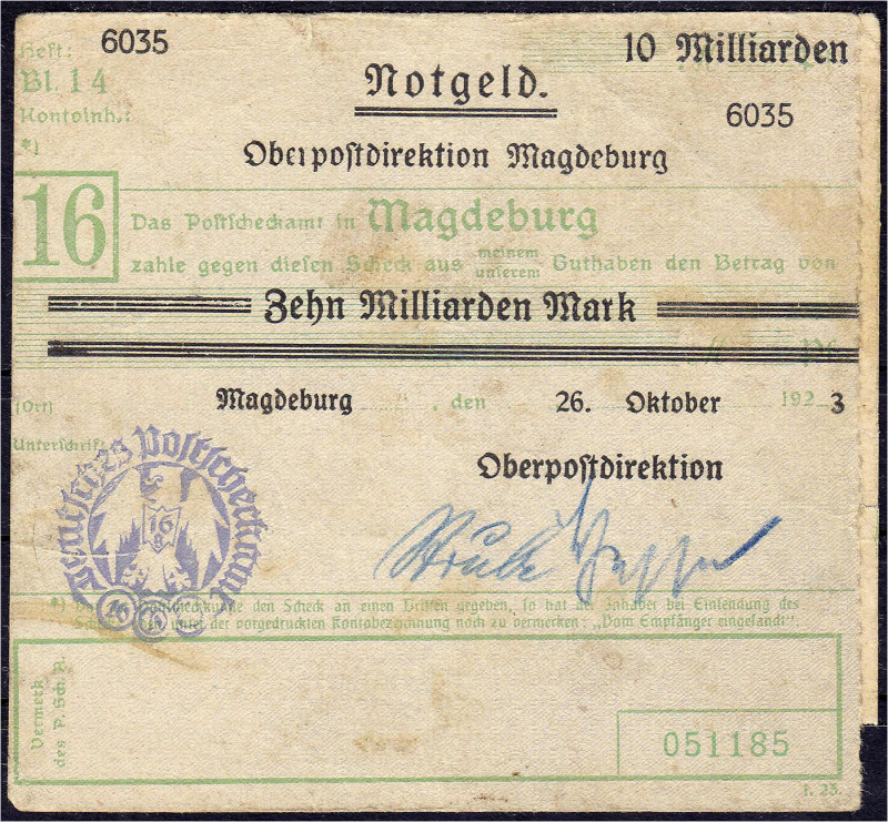 Banknoten - Deutsches Notgeld und KGL - Magdeburg (Sachsen)
Oberpostdirektion, ...