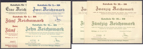 Banknoten - Deutsches Notgeld und KGL - Nürtingen (Württemberg)
Kreisverband, 9 Scheine zu 1, 2, 2 X 5, 10, 2 X 20 und 2 X 50 Reichsmark 10.4.1945. I...