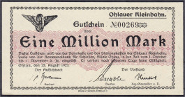 Banknoten - Deutsches Notgeld und KGL - Ohlau (Schlesien)
Ohlauer Kleinbahn, 1 Mio. Mark 25.8.1923. Muster ohne Stempel und zusätzlichem Stern nach K...