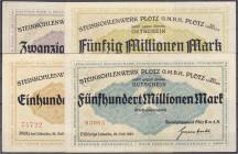 Banknoten - Deutsches Notgeld und KGL - Plötz bei Löbejün (Sachsen)
Steinkohlenwerke Plötz GmbH, 4 Scheine zu 50, 100 u. 500 Mio. 20 Mrd. Mark 25.7.1...