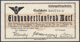 Banknoten - Deutsches Notgeld und KGL - Reichenbach (Ostpreußen)
Eulengebirgsbahn, 100 Tsd. Mark 25.8.1923. Muster ohne Stempel, Wz. verschlungene Qu...