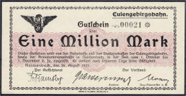Banknoten - Deutsches Notgeld und KGL - Reichenbach (Ostpreußen)
Eulengebirgsbahn, 1 Mio. Mark 25.8.1923. Muster ohne Stempel, Wz. verschlungene Quad...
