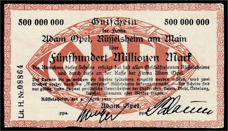 Banknoten - Deutsches Notgeld und KGL - Rüsselsheim (Hessen)
Adam Opel, 500 Mio...