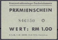 Banknoten - Deutsches Notgeld und KGL - Sachsenhausen (Brandenburg)
Konzentrationslager, Prämienschein, 1 RM. o.D. (07/1944). Druckvermerk K. L. Sh. ...