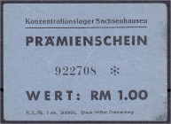 Banknoten - Deutsches Notgeld und KGL - Sachsenhausen (Brandenburg)
Konzentrationslager, Prämienschein, 1 RM. o.D. (07/1944). Druckvermerk K. L. Sh. ...