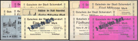 Banknoten - Deutsches Notgeld und KGL - Schorndorf (Württemberg)
Stadt, 14 diverse Notgeldscheine von 500 Tsd. bis 50 Mrd. Mark. I- bis III