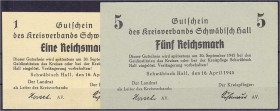 Banknoten - Deutsches Notgeld und KGL - Schwäbisch Hall (Württemberg)
Kreisverband, 1 und 5 Reichsmark 16.4.1945. I-, selten Schöne 0151-0152.