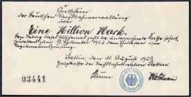 Banknoten - Deutsches Notgeld und KGL - Stettin (Pommern)
Reichsbahndirektion, 1 Mio. Mark 11.8.1923. Ohne Wz. II