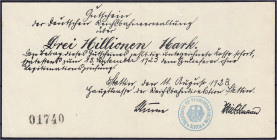 Banknoten - Deutsches Notgeld und KGL - Stettin (Pommern)
Reichsbahndirektion, 3 Mio. Mark 11.8.1923. Ohne Wz. II