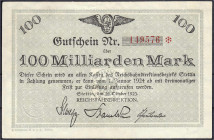 Banknoten - Deutsches Notgeld und KGL - Stettin (Pommern)
Reichsbahndirektion, 100 Mrd. Mark 26.10.1923. Wz. Achteckfließen. II-III