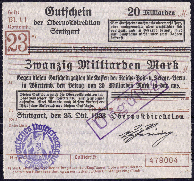 Banknoten - Deutsches Notgeld und KGL - Stuttgart (Württemberg)
Oberpostdirekti...