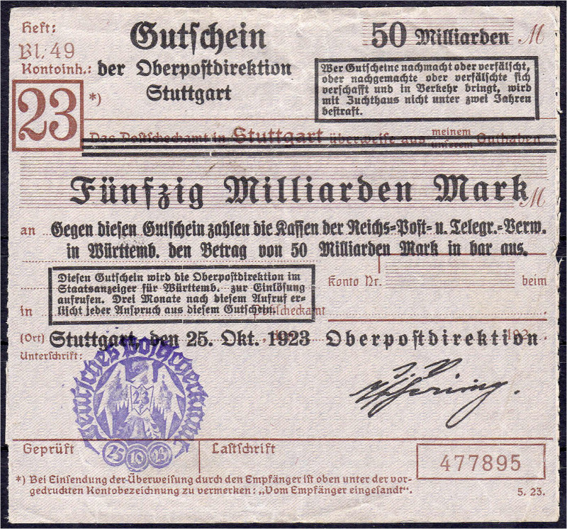 Banknoten - Deutsches Notgeld und KGL - Stuttgart (Württemberg)
Oberpostdirekti...