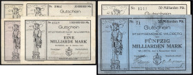 Banknoten - Deutsches Notgeld und KGL - Wildberg (Württemberg)
Stadtgemeinde, 6 Scheine zu 5, 20 u. 100 Mio. und 1 u. 2 X 50 Mrd. Mark 1923. II bis I...