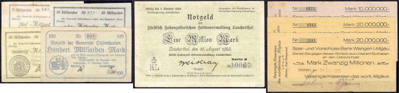 Banknoten - Lots - Deutschland
8 Scheine Württ.: Ochsenhausen Gemeinde zu 5, 10...