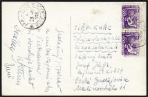 100 D Schmied bei der Arbeit (Produktionsbeförderung) 1953, waagrechtes Paar vom Unterrand auf adressierter Postkarte in die Tschechoslowakei, entwert...