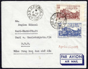 100 D + 500 D Eröffnung der Eisenbahnlinie Hanoi-Muc Nam Quan 1956, auf Luftpostbrief von ,,HA-NOI 4-7 1956" nach Karl-Marx-Stadt (heute Chemnitz) DDR...