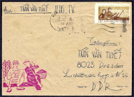 Militärpersonen/Zweckinschrift TEM BINH SY 1967/69, adressierter Brief nach Dresden (DDR) mit Militärmarke Soldat und Guerillafrau, entwertet mit Masc...