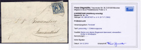3 Kreuzer Freimarke 1849, portogerechter Fernbrief, entwertet mit dem Halbkreisstempel ,,NEUSTADT a. d. H. 20 7 V" (1850), Marke vom oberen Bogenrand ...