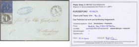 1 Kr. auf olivgrau und 3 Kr. auf blau 1852, EKr. ,,OFFENBACH 3 9 1852" auf Faltbriefhülle nach Dillenburg, nebengesetzt ovaler Absenderstempel ,,C NAU...