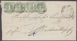 1 Kr. Freimarke 1859, insgesamt vier Einzelwerte auf Brief mit vorausbezahltem Bestellgeld von 115 Giessen nach Biedenkopf, Brief doppelt verw. Brief....