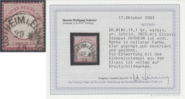 1 Gr. großer Brustschild 1872, mit Elsass-Stempel ,,OSTHEIM". Marke in hellerer Farbe, klar geprägt, gut zentriert und gezähnt. Die Entwertung mit dem...