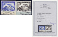 2 RM + 4 RM Südamerika 1930, kompletter Satz auf Briefstücken, beide liegendes Wasserzeichen ,,Y". Fotoattest Schlegel BPP >Die Qualität ist einwandfr...