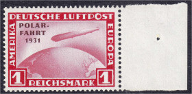 1 M. Polarfahrt 1931, postfrisches Luxusstück mit rechtem Seitenrand, unsigniert. Mi. 700,-€. ** Michel 456.