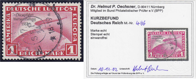 1 M. Chicagofahrt 1933, sauber gestempelt. Kurzbefund Dr. Oechsner BPP >einwandf...