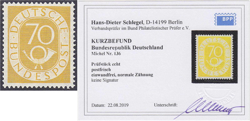 70 Pf. Posthorn 1951, postfrische Erhaltung. Kurzbefund Schlegel BPP >einwandfre...