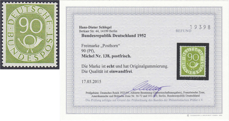 90 Pf. Posthorn 1951, postfrische Erhaltung. Fotobefund Schlegel BPP >Die Qualit...