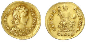 Römische Goldmünzen - Kaiserzeit - Theodosius I., 379-395
Solidus 377/380, Constantinopel, 9. Offizin. Drap. Büste mit Diadem r./CONCORDIA AVG CCθ CO...
