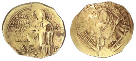 Byzantinische Goldmünzen - Kaiserreich - Andronicus II., allein, 1282-1295
Hyperpyron 1282/1295, Constantinopel. Kaiser kniet vor stehendem Christus ...
