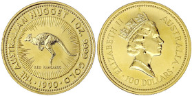 Ausländische Goldmünzen und -medaillen - Australien - Elisabeth II., 1952-2022
100 Dollars Kangaroo 1990. 1 Unze Feingold. In Kapsel. Stempelglanz, k...