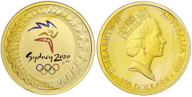 Ausländische Goldmünzen und -medaillen - Australien - Elisabeth II., 1952-2022
100 Dollars 2000, Olymp. Sydney, Emblem der Spiele mit Farbapplikation...