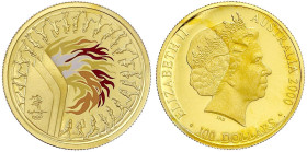 Ausländische Goldmünzen und -medaillen - Australien - Elisabeth II., 1952-2022
100 Dollars 2000, Olymp. Sydney, Flamme mit Farbapplikationen. 10 g. F...