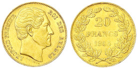 Ausländische Goldmünzen und -medaillen - Belgien - Leopold I., 1831-1865
20 Francs 1865. L. WIENER. 6,45 g. 900/1000. Vs. mit leichtem Doppelschlag. ...