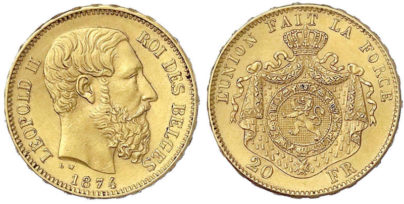 Ausländische Goldmünzen und -medaillen - Belgien - Leopold II., 1865-1909
20 Fr...