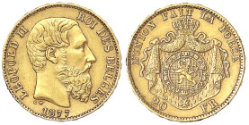 Ausländische Goldmünzen und -medaillen - Belgien - Leopold II., 1865-1909
20 Francs 1877. 6,45 g. 900/1000. sehr schön/vorzüglich Krause/Mishler 37....