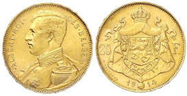 Ausländische Goldmünzen und -medaillen - Belgien - Albert, 1909-1934
20 Francs 1914. Mit französischer Legende. 6,45 g. 900/1000. Pos. A. prägefrisch...