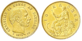 Ausländische Goldmünzen und -medaillen - Dänemark - Christian IX., 1863-1906
10 Kronen 1873 CS. 4,48 g. 900/1000. vorzüglich/Stempelglanz Friedberg 2...