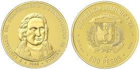 Ausländische Goldmünzen und -medaillen - Dominikanische Republik - 
500 Pesos 1988 Kolumbus. 1 Unze Feingold. Aufl. nur 2600 Exemplare. Polierte Plat...