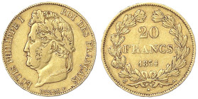 Ausländische Goldmünzen und -medaillen - Frankreich - Louis Philippe I., 1830-1848
20 Francs 1834 A, Paris. 6,45 g. 900/1000. fast sehr schön Krause/...