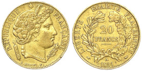 Ausländische Goldmünzen und -medaillen - Frankreich - Zweite Republik, 1848-1852
20 Francs Cereskopf 1851 A, Paris. 6,45 g. 900/1000. sehr schön Krau...