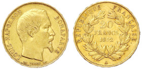 Ausländische Goldmünzen und -medaillen - Frankreich - Napoleon III., 1852-1870
20 Francs 1852 A, Paris. Einzeltyp. 6,45 g. 900/1000. sehr schön Kraus...