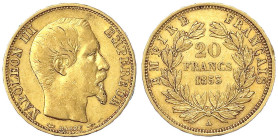 Ausländische Goldmünzen und -medaillen - Frankreich - Napoleon III., 1852-1870
20 Francs 1853 A, Paris. 6,45 g. 900/1000. fast sehr schön, Randfehler...