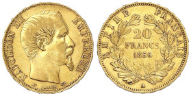 Ausländische Goldmünzen und -medaillen - Frankreich - Napoleon III., 1852-1870
20 Francs 1856 A, Paris. 6,45 g. 900/1000. fast sehr schön Krause/Mish...